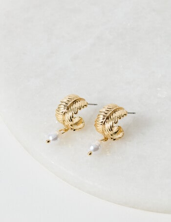 Whistle Accessories Feather Pearl Dangle Earring, Gold Plated product photo