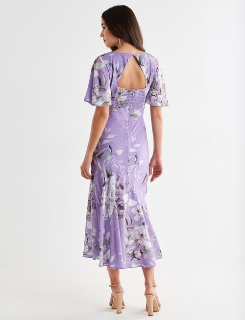 Harlow Floral Jacquard Flutter Sleeve Midi Dress, Lilac product photo View 02 L