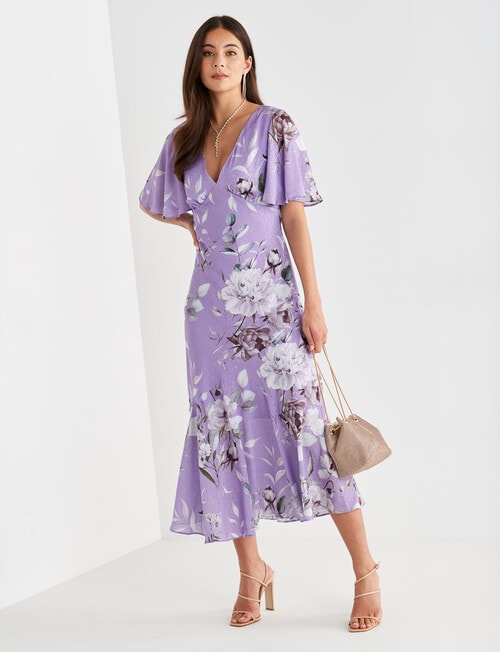 Harlow Floral Jacquard Flutter Sleeve Midi Dress, Lilac product photo View 03 L