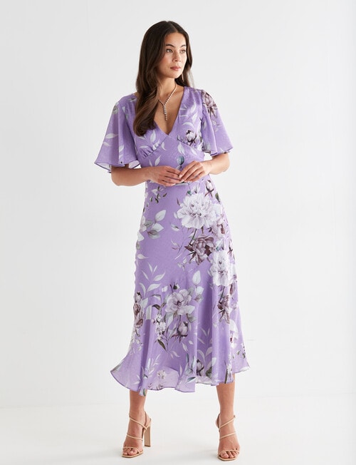 Harlow Floral Jacquard Flutter Sleeve Midi Dress, Lilac product photo View 05 L