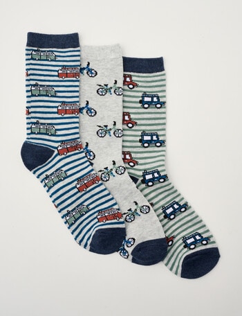 Simon De Winter Vehicles Crew Sock, 3-Pack, Grey, 8-16 product photo