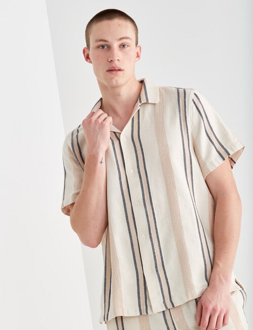 Tarnish Cotton Linen Blend Stripe Short Sleeve Shirt, Beige product photo