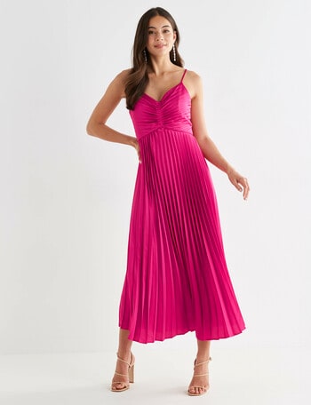 Harlow Pleated V Neck Sleeveless Midi Dress, Fuchsia product photo