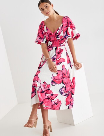 Harlow Fit and Flare V Neck Puff Sleeve Midi Dress, Fuchsia product photo