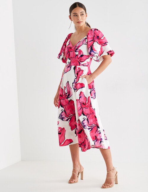 Harlow Fit and Flare V Neck Puff Sleeve Midi Dress, Fuchsia product photo View 03 L