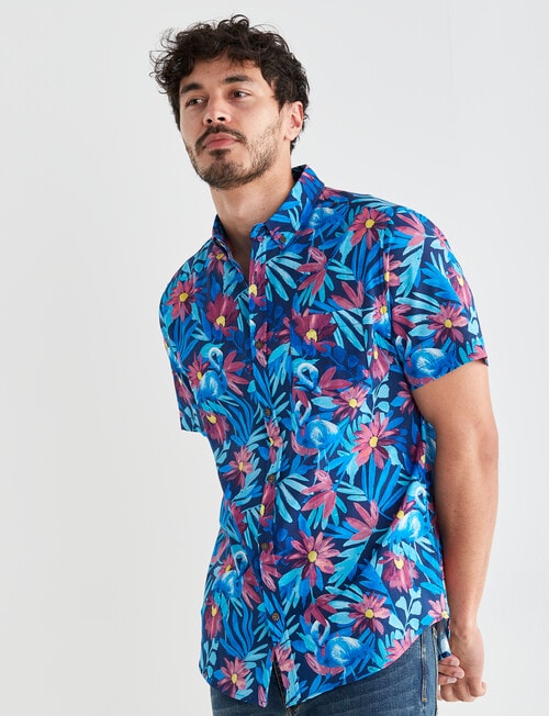 Gasoline Flamingo Short Sleeve Shirt, Navy product photo