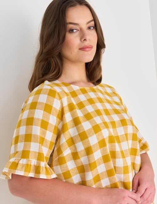 Studio Curve Linen Blend Gingham Button Back Top, Mustard product photo View 04 L