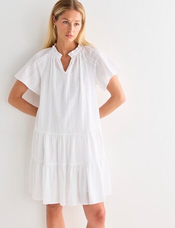 Zest Short Sleeve Self Stripe Dress, White product photo