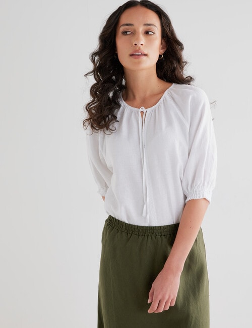 Zest Linen Shirred Sleeve Top, White product photo