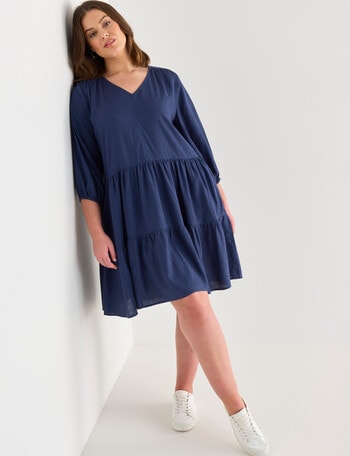 Studio Curve Linen Blend Tiered Dress, Navy product photo