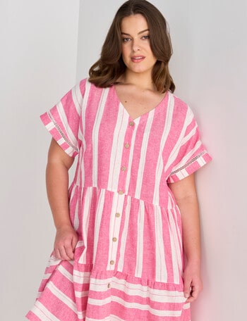 Studio Curve Linen Blend Stripe Button Through Dress, Pink product photo