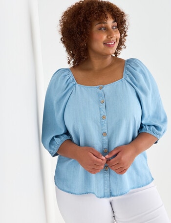 Studio Curve Button Front Top, Light Chambray product photo