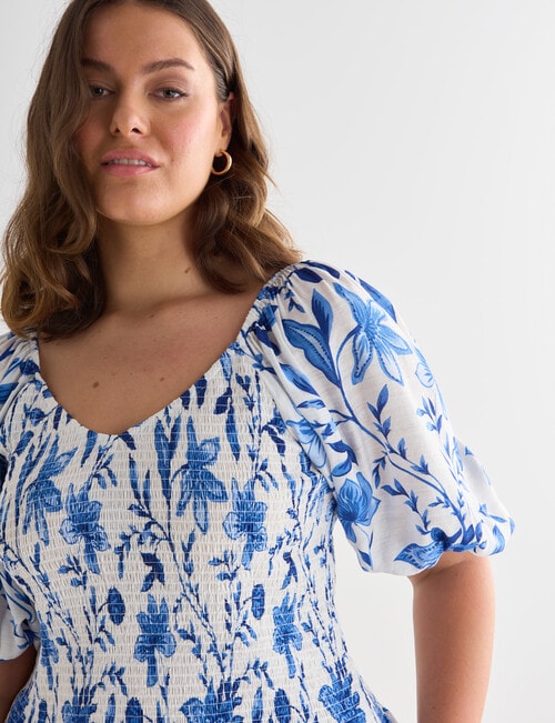 Studio Curve Ruched Bodice Top, China Blue Print on White Base product photo View 04 L