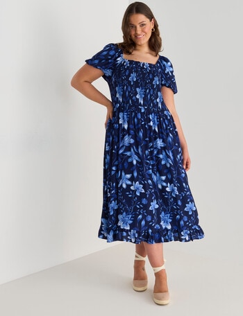 Studio Curve Viscose Tiered Dress, China Blue Print on Blue Base product photo