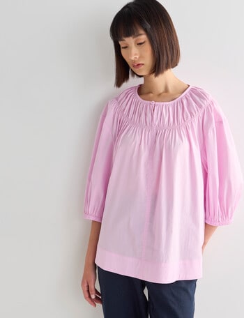 Jigsaw Gina Shirred Round Neck 3/4 Sleeve Top, Pink product photo