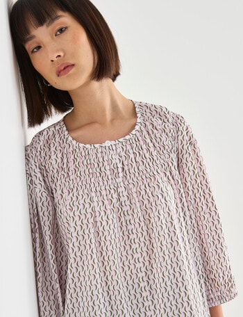 Jigsaw Gina Shirred Printed Round Neck 3/4 Sleeve Top, product photo