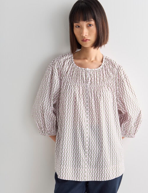 Jigsaw Gina Shirred Printed Round Neck 3/4 Sleeve Top, product photo View 05 L