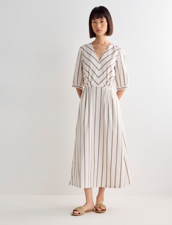 Jigsaw Peta Stripe Pleated V Neck Midi Dress, White & Blue product photo