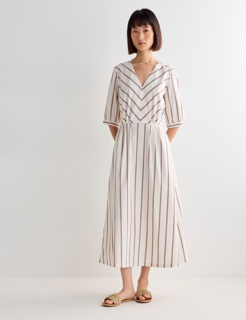 Jigsaw Peta Stripe Pleated V Neck Midi Dress, White & Blue product photo