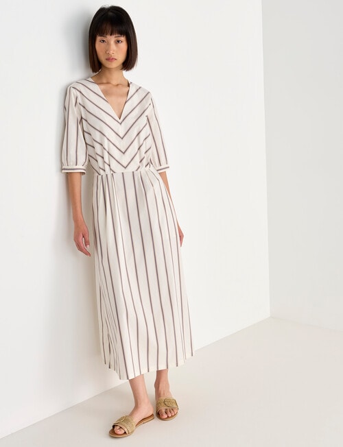 Jigsaw Peta Stripe Pleated V Neck Midi Dress, White & Blue product photo View 03 L