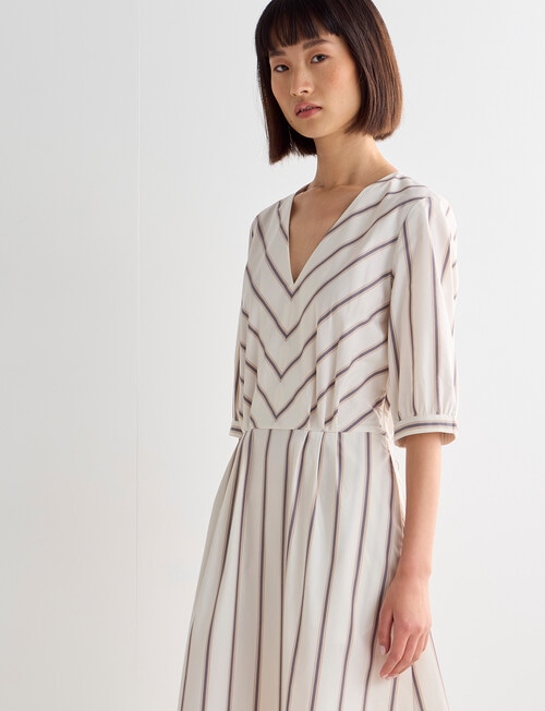 Jigsaw Peta Stripe Pleated V Neck Midi Dress, White & Blue product photo View 05 L