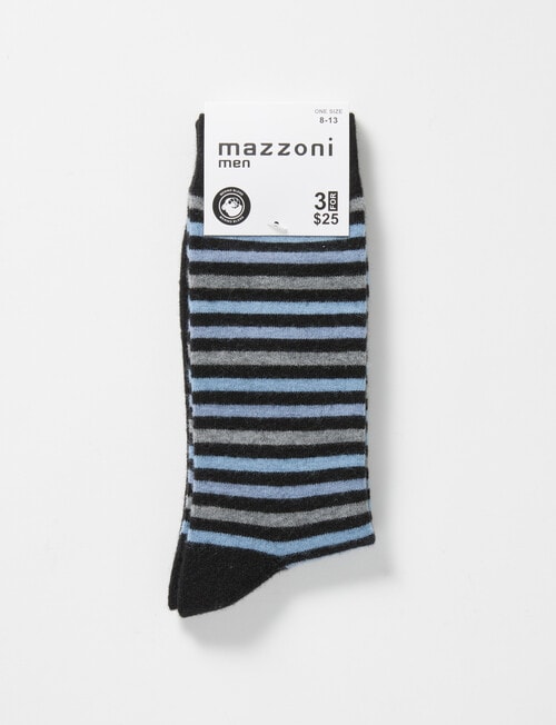 Mazzoni Merino Acrylic-Blend Stripe Dress Sock, Black, Blue & Grey product photo View 02 L