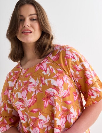 Studio Curve Linen Blend Floral Lace Inset Detail Top, Mustard product photo