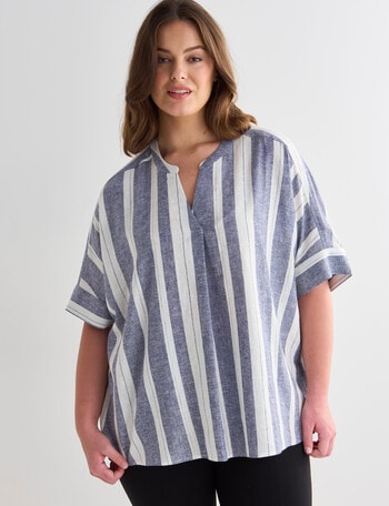 Studio Curve Linen Blend Stripe V-Neck Top, Navy product photo