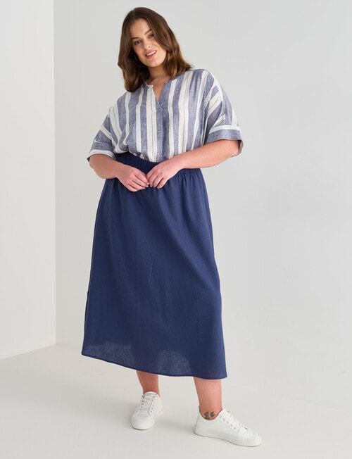 Studio Curve Linen Blend Stripe V-Neck Top, Navy product photo View 05 L