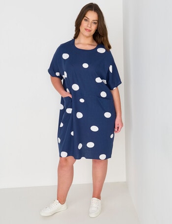 Studio Curve Linen Blend Spot Pocket Front Dress, Navy & White product photo