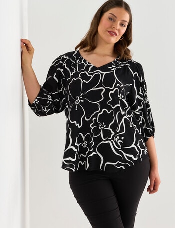 Studio Curve Collection Stencil Floral V-Neck Top, Black product photo