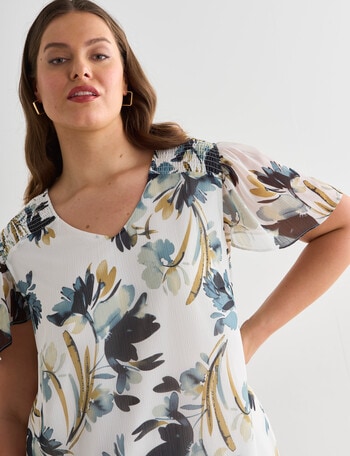 Studio Curve Collection V-Neck Flutter Sleeve Top, Sage Floral product photo