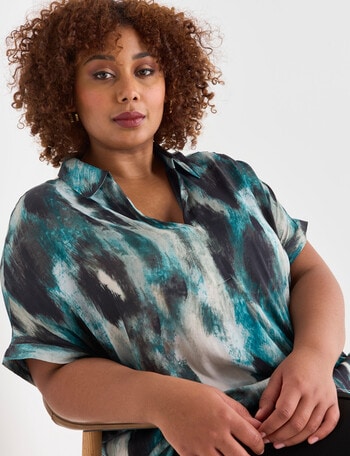 Studio Curve Hammered Satin Boxy Smudge Print Shirt , Teal product photo