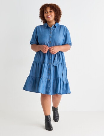 Studio Curve Chambray Tiered Dress with Tie Waist, Dark Chambray product photo