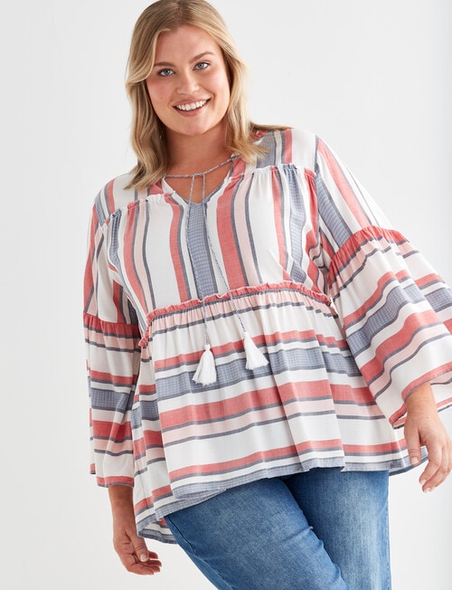 Studio Curve Striped Boho Blouse, Coral & Blue product photo View 05 L