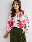 Whistle Floral Print 3/4 Sleeve Peasant Blouse, White & Pink product photo View 06 S