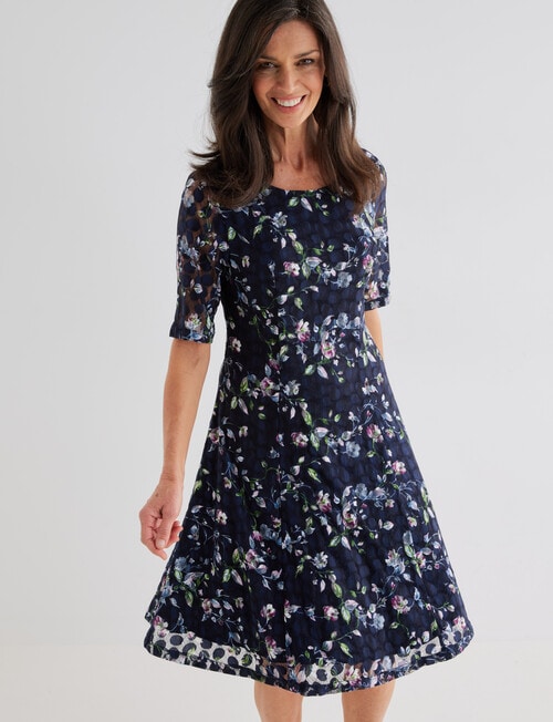 Ella J Elbow Sleeve Lace Dress, Navy Print product photo