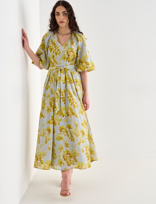 State of play Imogen Puff Sleeve Midi Dress, Yellow Print product photo View 03 L