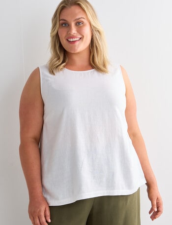 Studio Curve Linen Blend Button Back Tank, White product photo