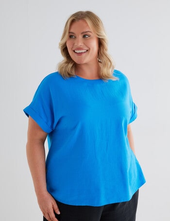 Studio Curve Linen Blend Shell Button Short Sleeve Top, Lumo Blue product photo