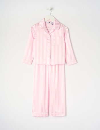 Sleep Mode Jacquard Stripe Long Sleeve Satin PJ Set, Light Pink, 2-8 product photo