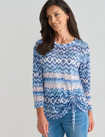 Ella J Zig Zag 3/4 Sleeve Burn Out Tee, Blue product photo