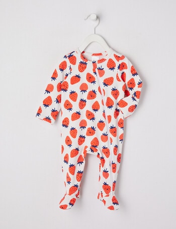 Teeny Weeny Sleep Strawberries Stretch Cotton Sleepsuit, Optic White product photo