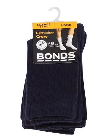 Bonds Logo Light School Crew Socks, 4-Pack, Navy, 2-16 product photo