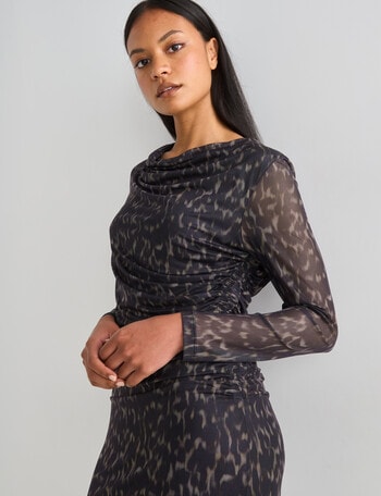 Whistle Animal Print Long Sleeve Mesh Midi Dress, Black product photo