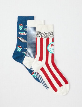 Columbine Popcorn Cotton Crew Sock, 3 Pack, Blue, Red & White, 4-11 product photo