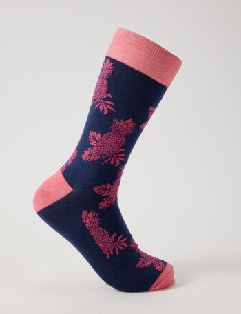Mazzoni Pineapple Cotton-Blend Dress Sock, Navy & Pink product photo
