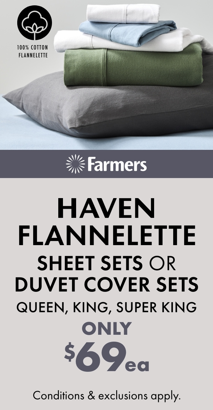 Haven Flannelette Sheet Sets or Duvet Cover Sets (Queen, King, Super King) $79ea