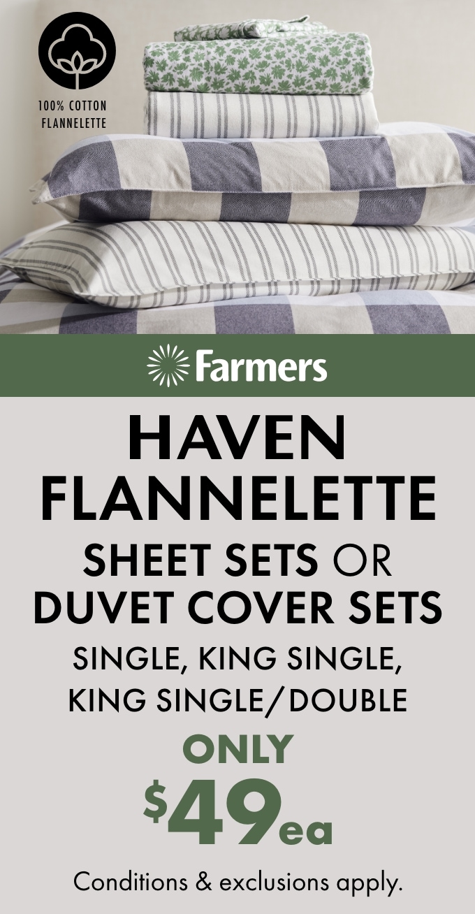 Haven Flannelette Sheet Sets or Duvet Cover Sets (Single, King Single, King Single/Double) $49