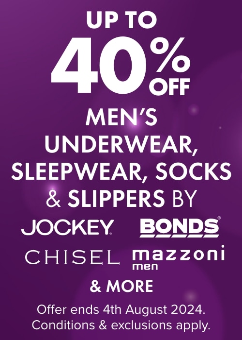 UP TO 40% OFF Men's Underwear, Sleepwear, Socks & Slippers by Jockey, Bonds, Chisel, Mazzoni & more